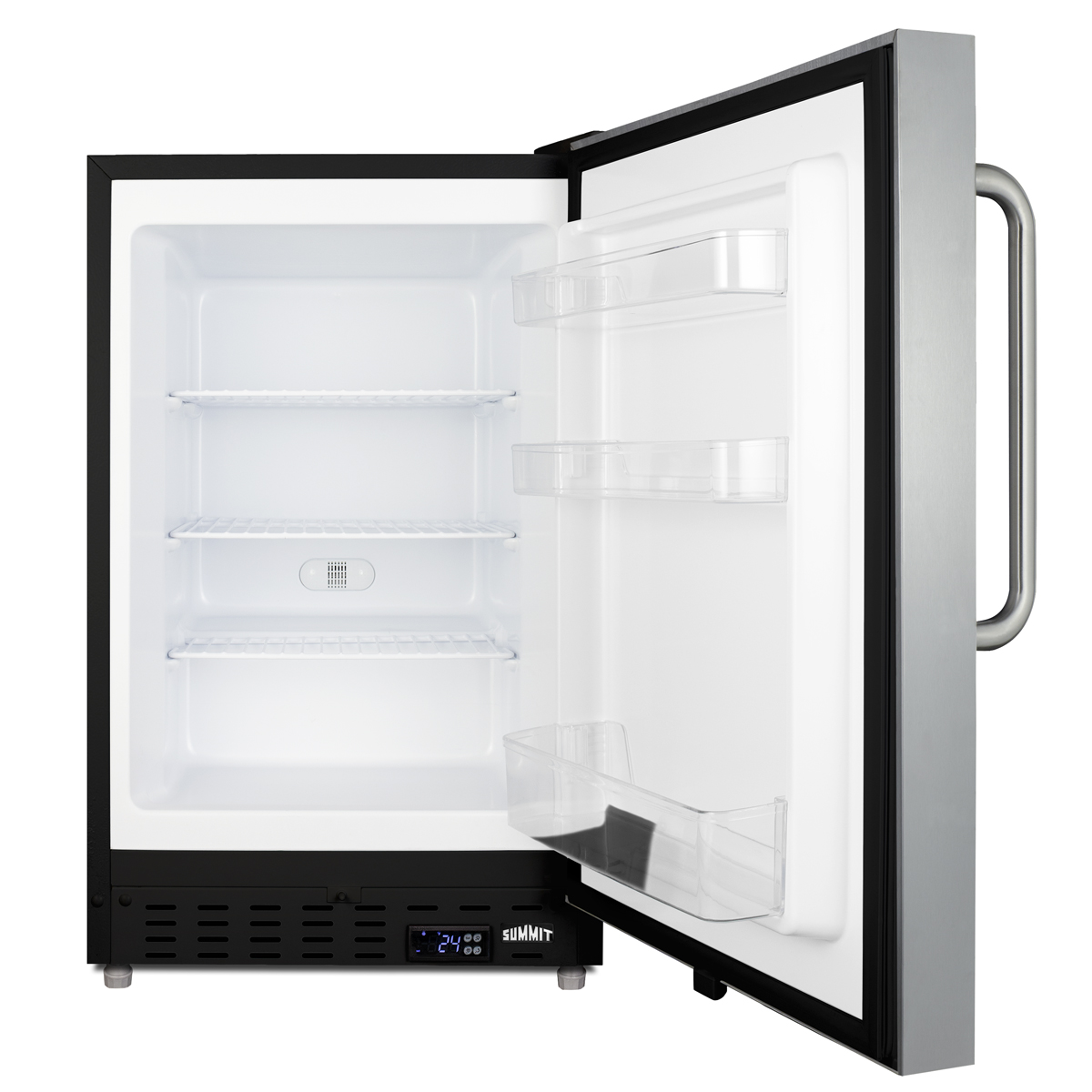 COLD CAVERN beer froster, Summit's built-in undercounter ADA compliant freezer that stores aluminum bottled beer at 24 F; manual defrost operation with SS door, towel bar handle, and black cabinet finish